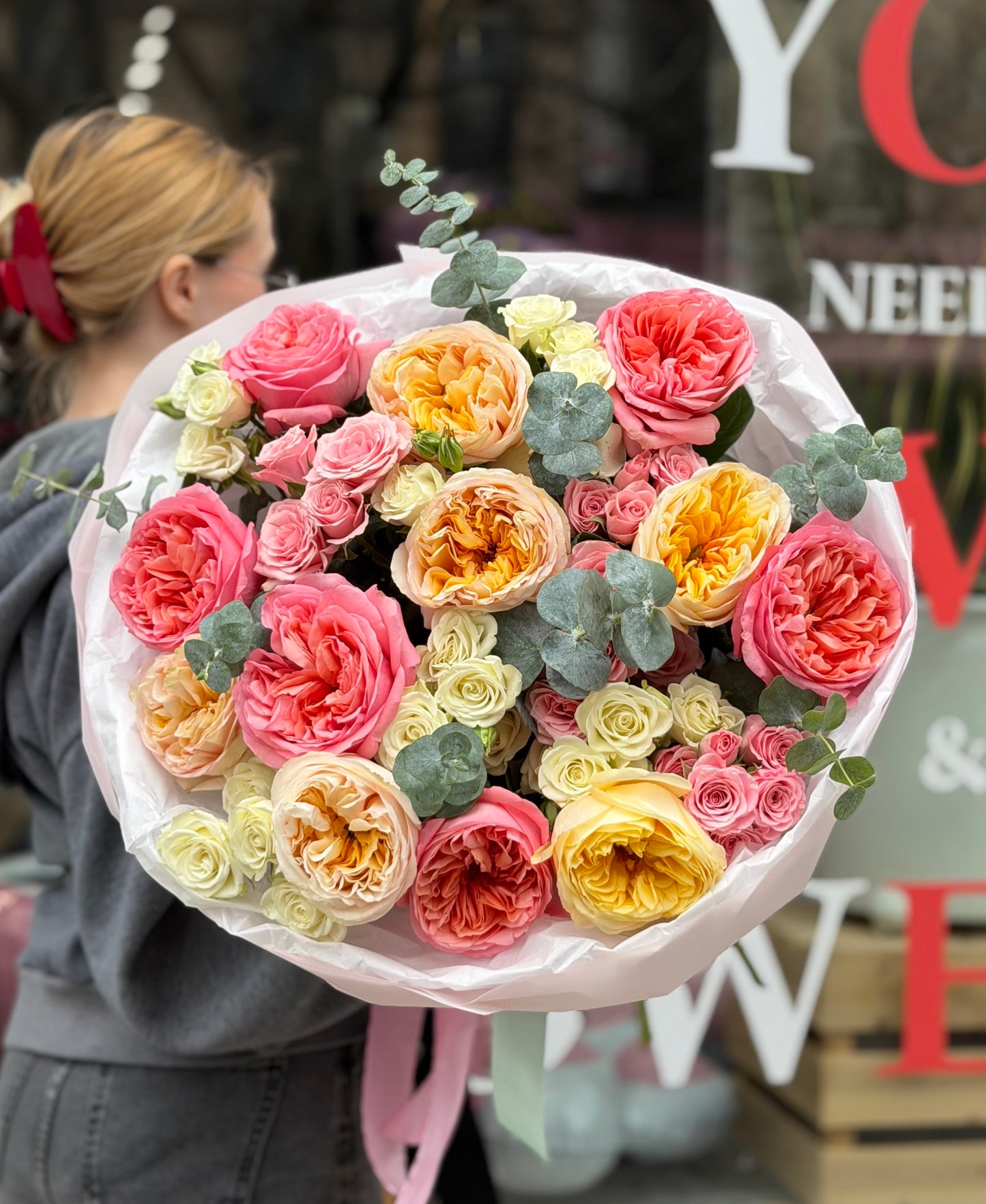 “Rose Garden” Bouquet (Pink Expression Roses, Cream Expression Roses, Spray Roses, Eucalyptus)