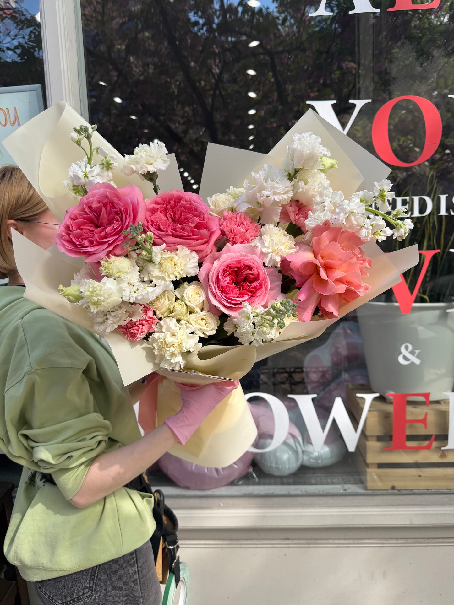 "Cloud of Feelings" Bouquet (French Rose, Pink Expression Rose, Spray Roses, Lisianthus, Carnations, Stocks)