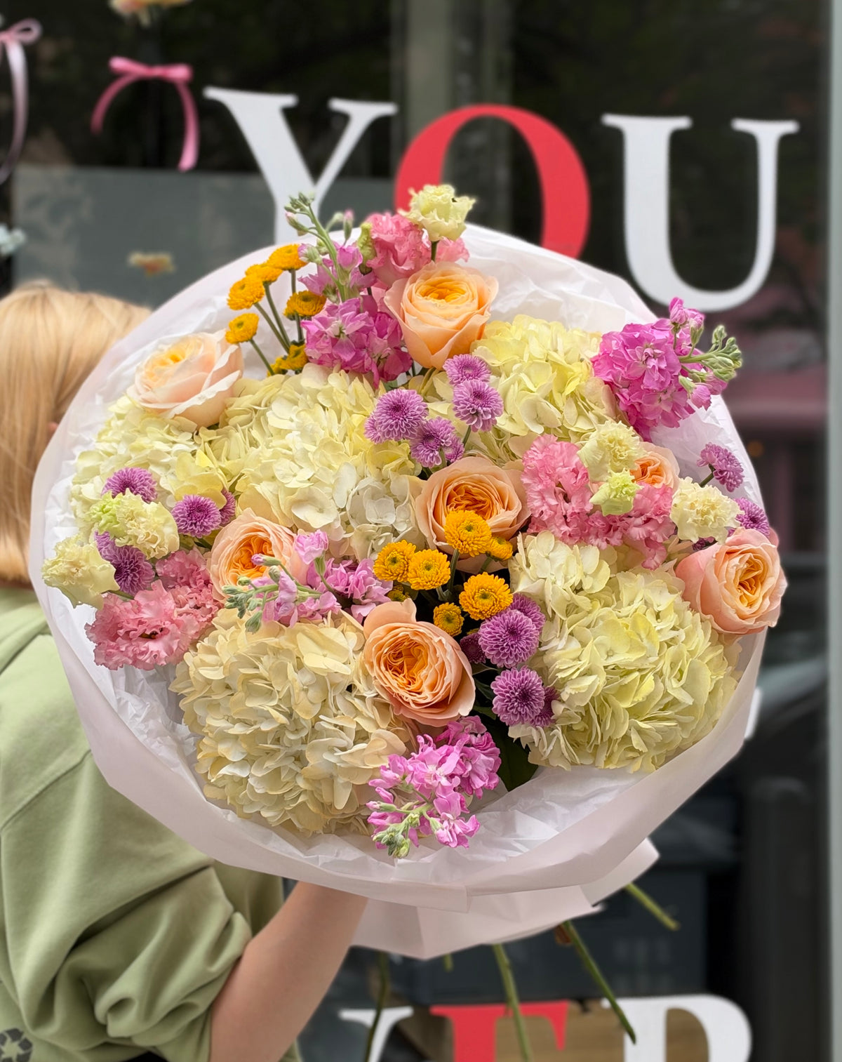 “Sunbeam” Bouquet (Hydrangeas, Stocks, Lisianthus, Buttons, Cream Garden Roses)