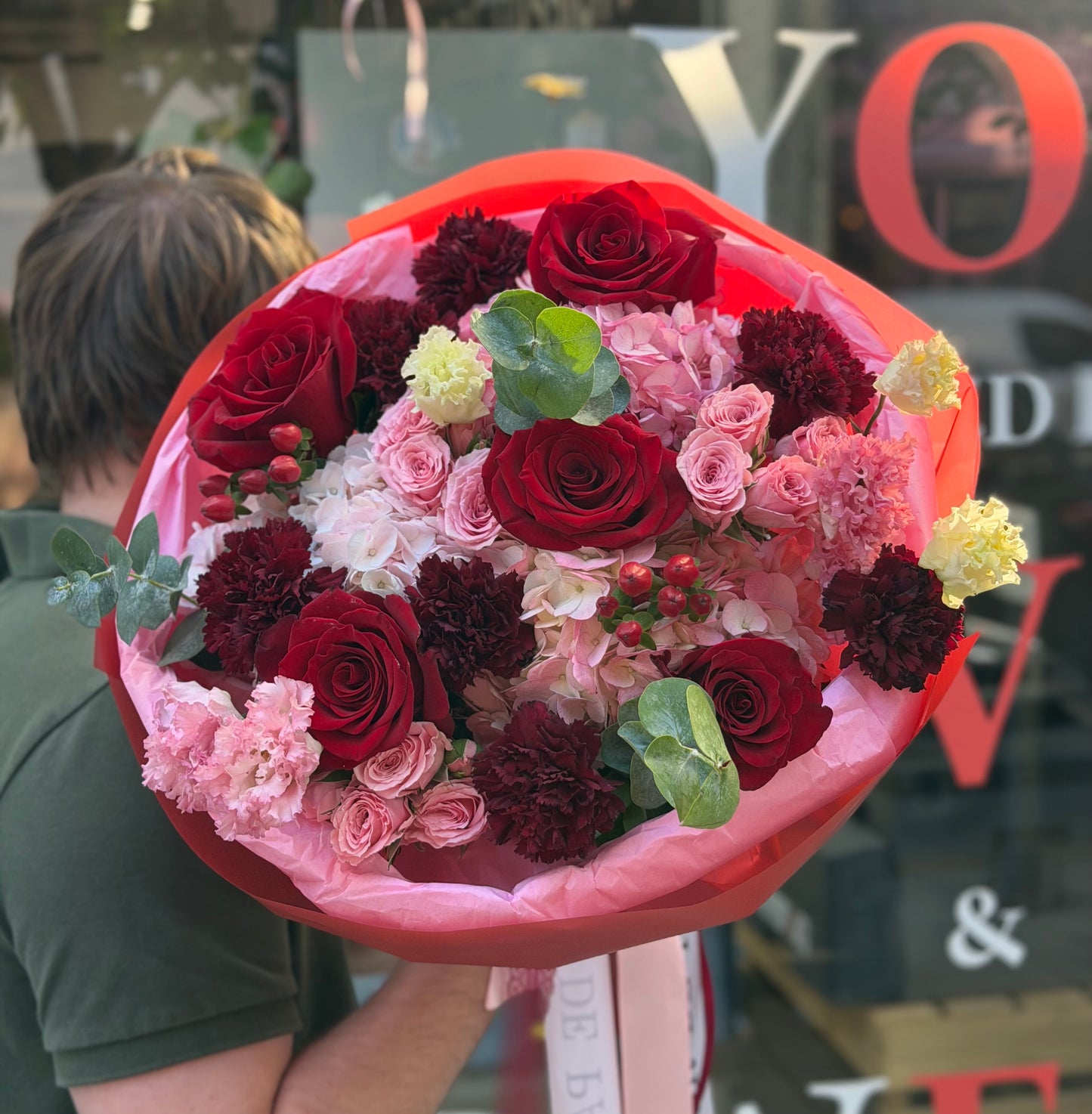 “Rosewine” Bouquet (Red Roses, Hydrangeas, Hypericum, Eucalyptus, Spray Roses, Lisianthus, Dianthuses)