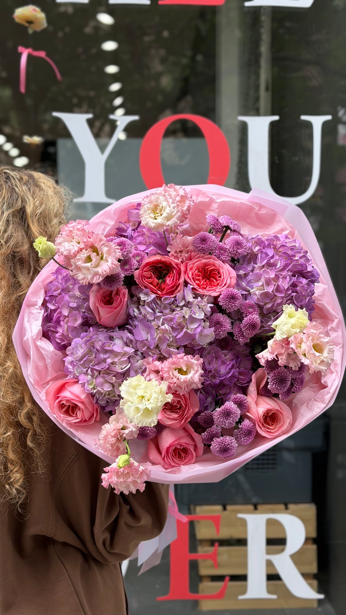 “Lilac Volume” Bouquet (Pink Garden Roses, Purple Hydrangeas, Lisianthus, Buttons)