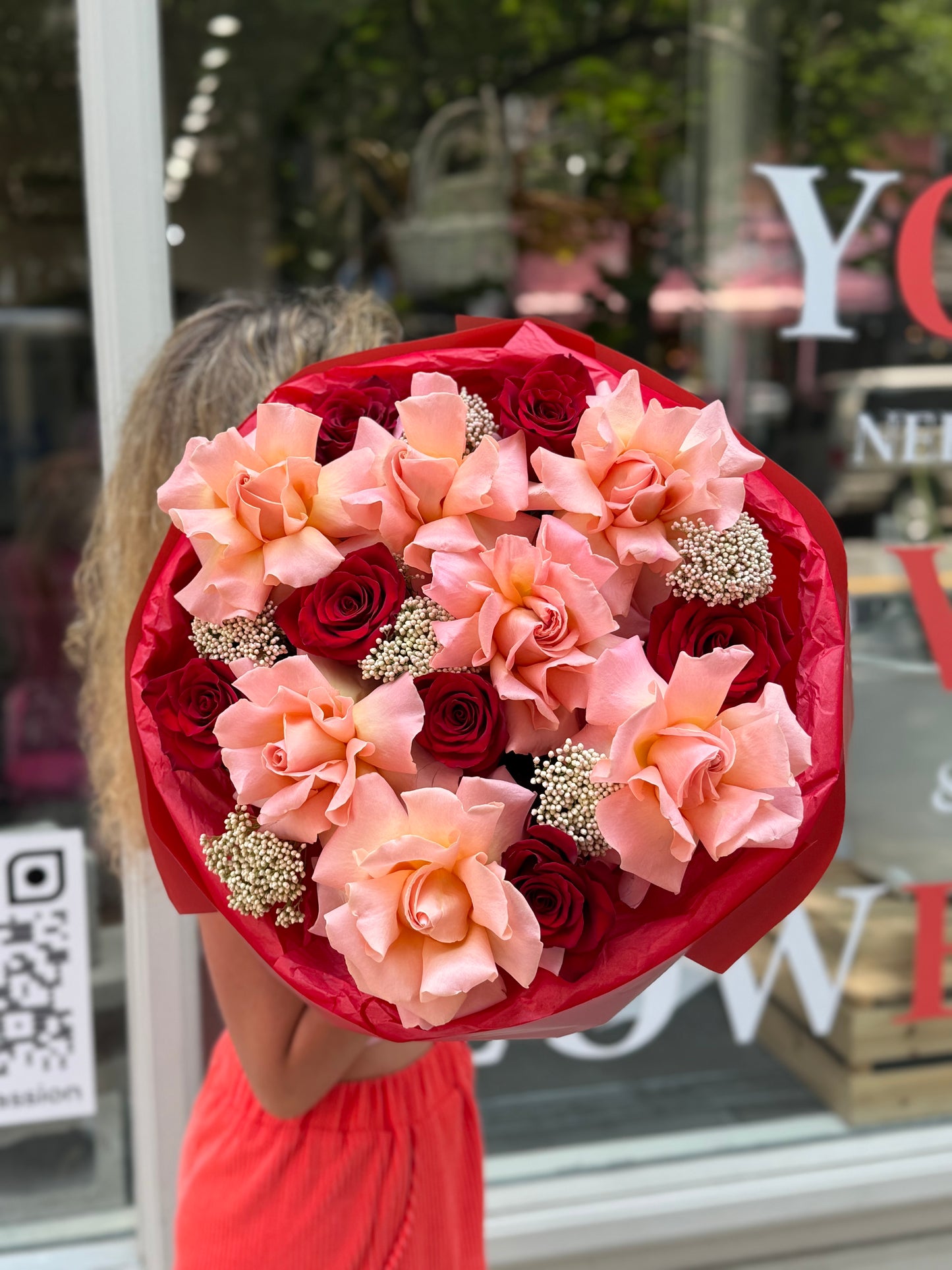 "Red Statement" Bouquet (French Roses, Explorer Rosed, Rice Flower)