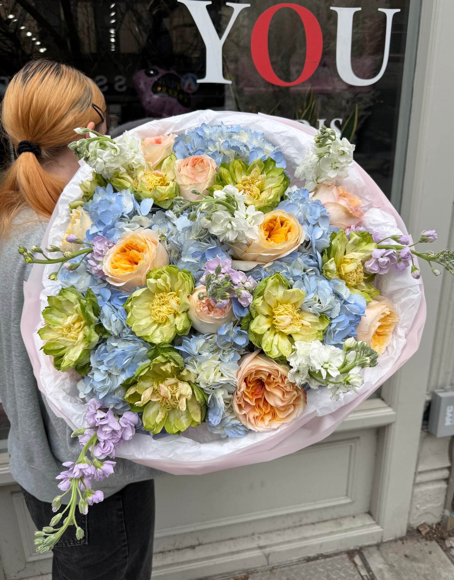 “Sugar Sky” Bouquet (Garden Roses, Veggie Roses, Hydrangeas, Stocks)
