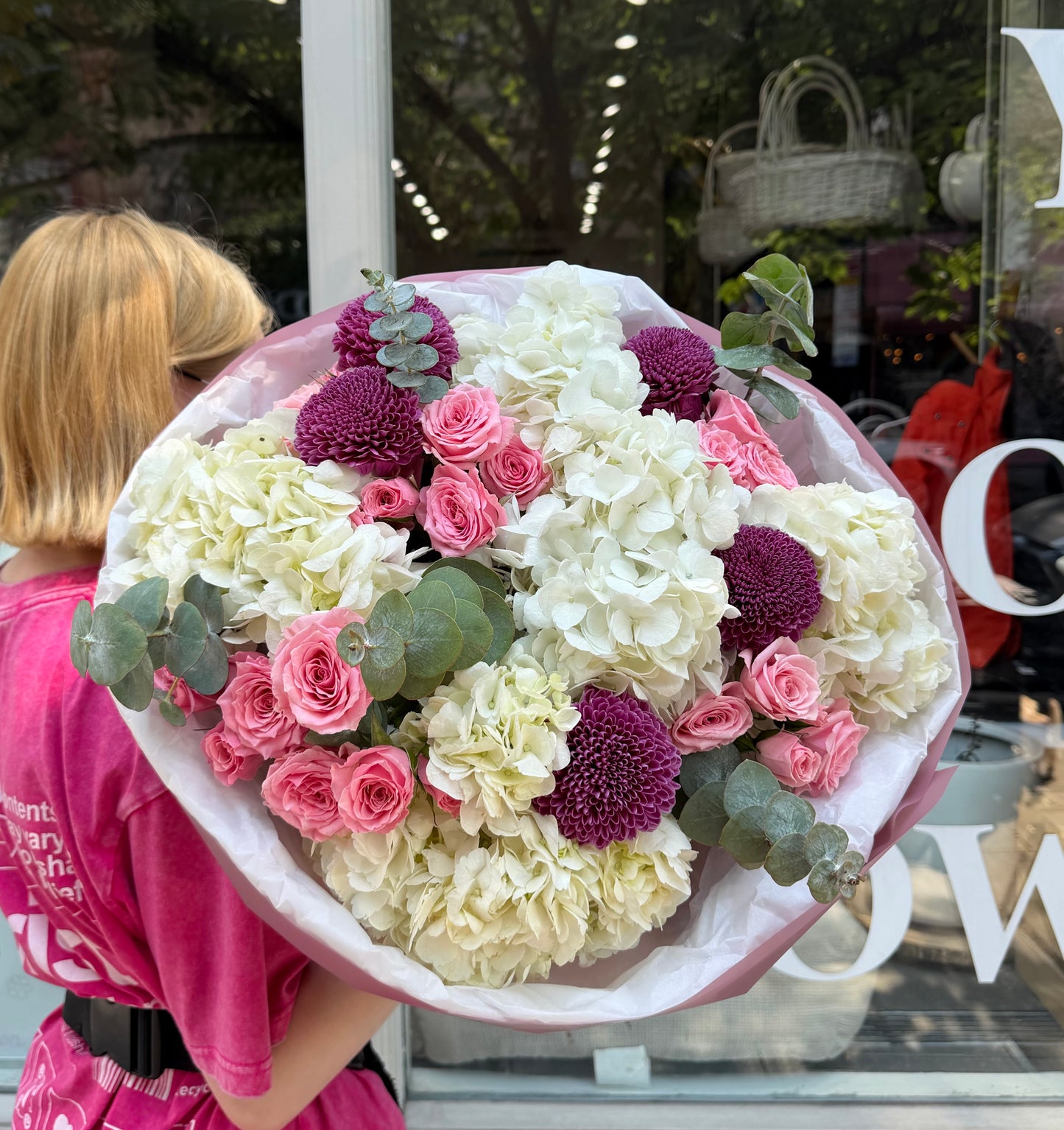 “Elegant Balance" Bouquet (Hydrangeas, Pink Spray Roses, Chrysanthemum, Eucalyptus)