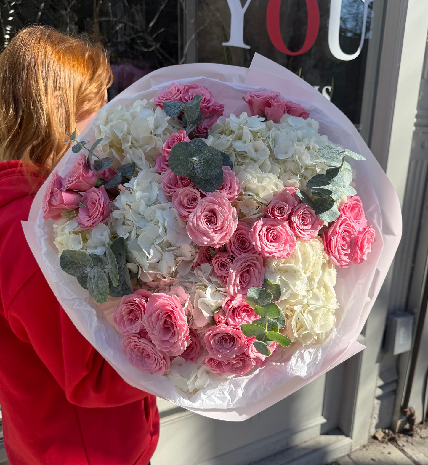 "Dreamland" Bouquet (Spray Roses, Hydrangeas, Eucalyptus)