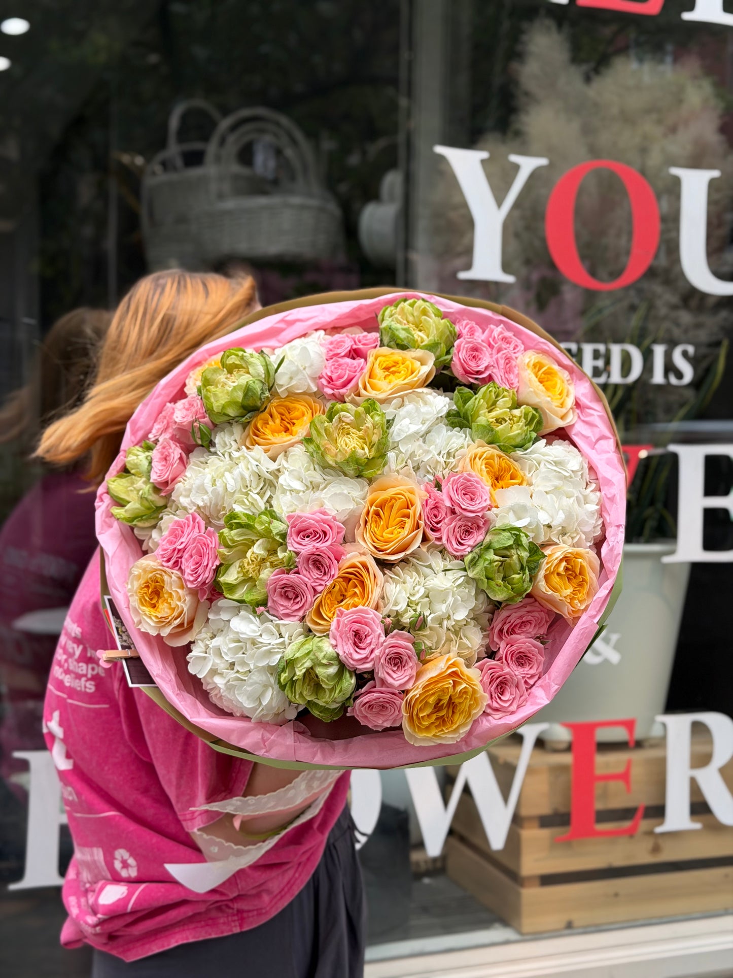 "Whispers of Summer" Bouquet (Garden Roses, Veggie Rose, Spray Roses, Hydrangea)
