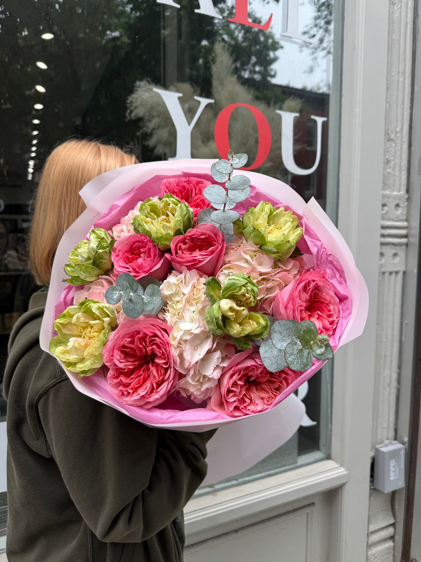 “Romance” Bouquet (Pink Garden Roses, Veggie Rose, Hydrangeas, Eucalyptus)