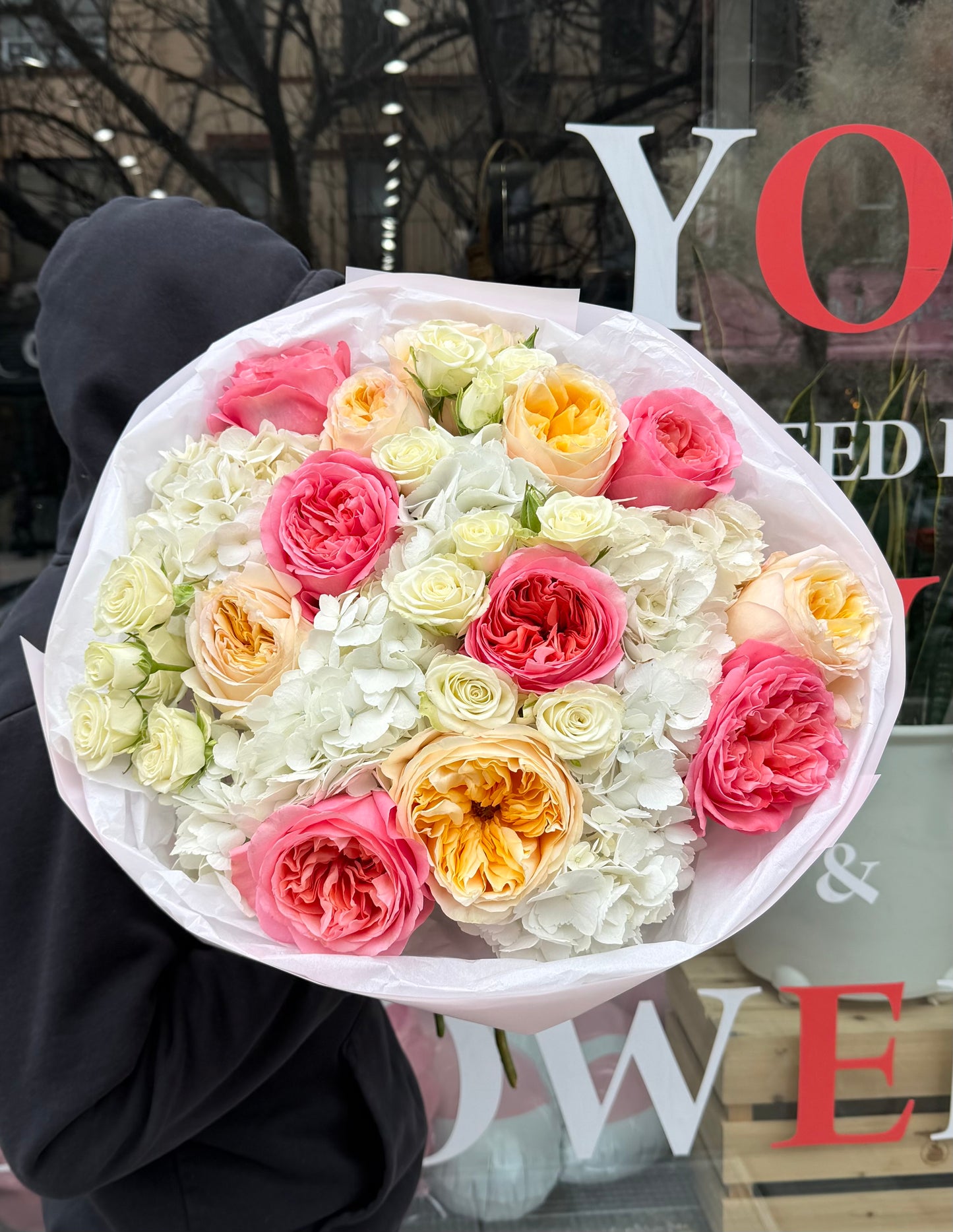 “Confession” Bouquet (Pink Expression Roses, Cream Expression Roses, White Spray Roses, Hydrangeas)