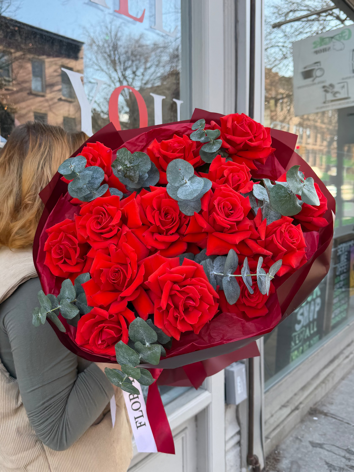 "Clear Choice" Bouquet (French Roses, Eucalyptus)