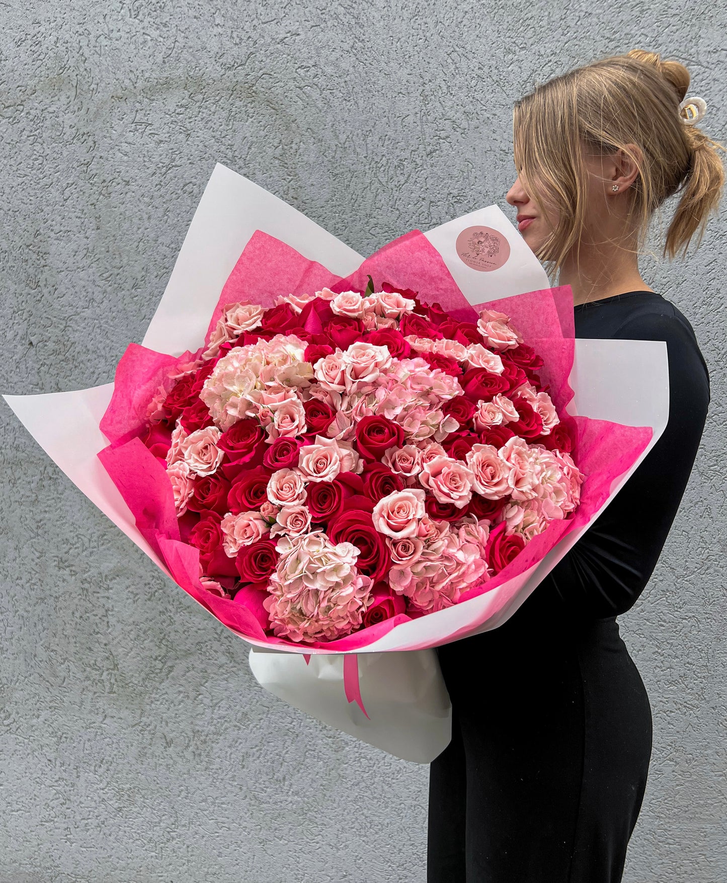 "Cherry Blossom" Bouquet (hot pink roses, hydrangeas, spray roses)