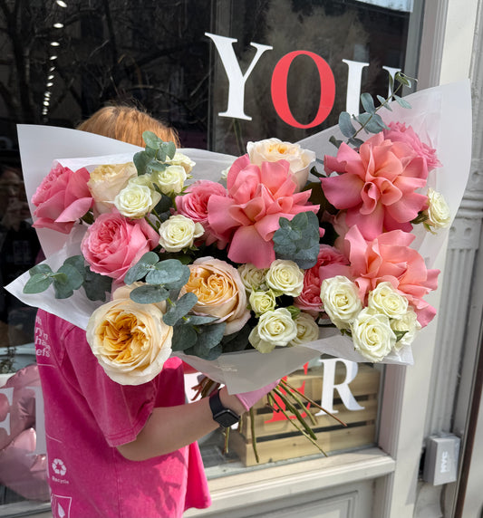 “Rose Paradise” Bouquet (French Hermosa Roses, Garden Roses, Spray Roses, Eucalyptus)