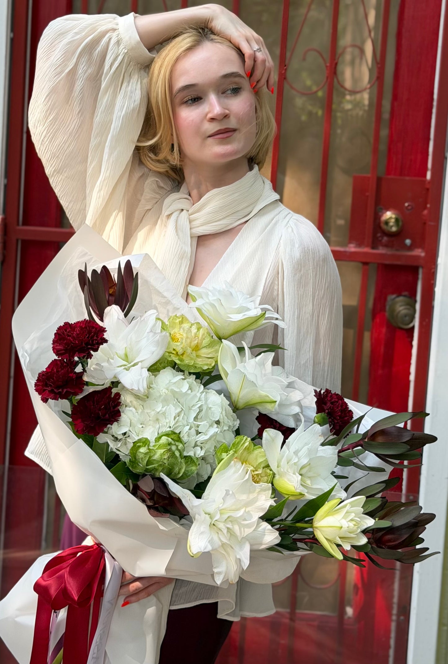 “Opulence” Bouquet (Lillies, Leucadendron, Veggie Roses, Hydrangeas, Dianthuses)