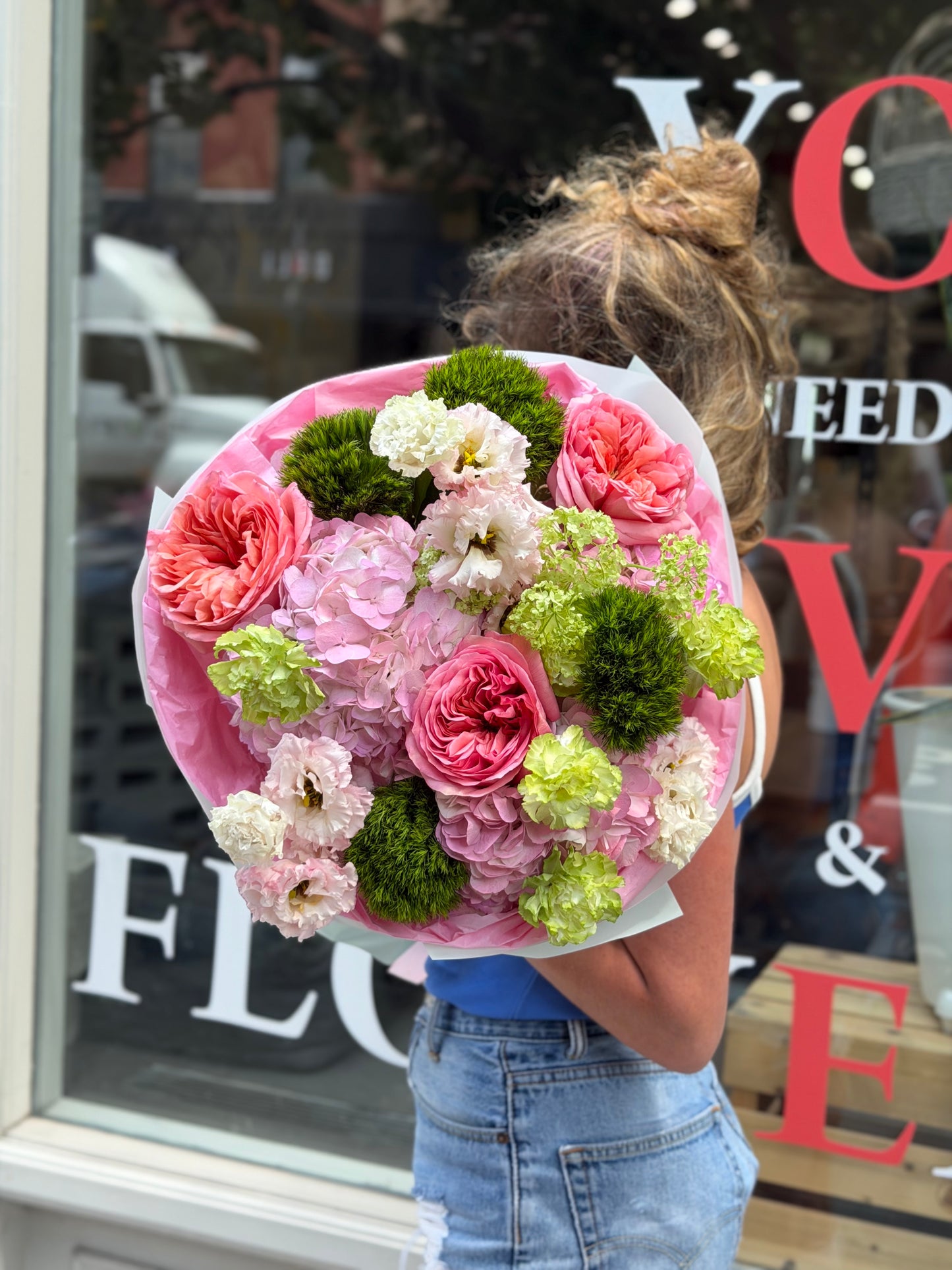 “Watermelon Sorbet” Bouquet (Viburnum, Pink Garden Roses, Green Balls, Lisianthus, Carnations, Hydrangeas)