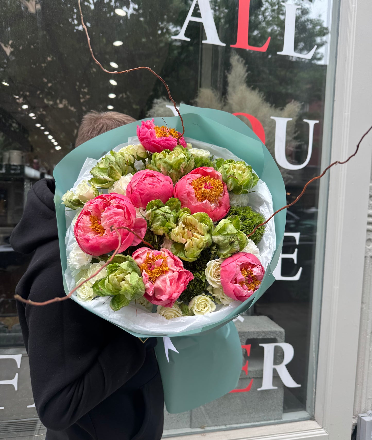 “Summer Kiss” Bouquet (Coral Peonies, Spray Roses, Veggie Rose)