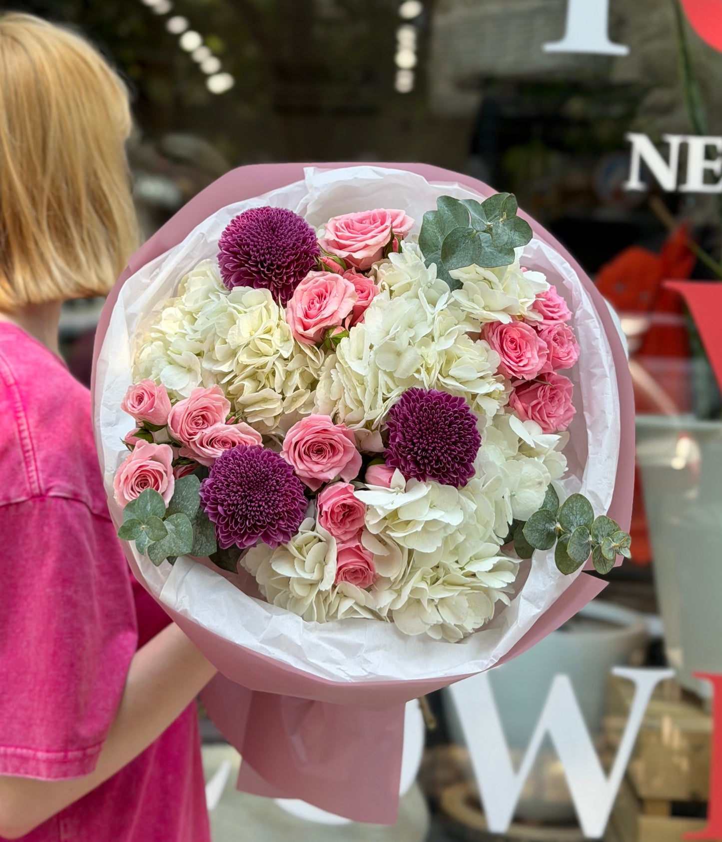“Elegant Balance" Bouquet (Hydrangeas, Pink Spray Roses, Chrysanthemum, Eucalyptus)
