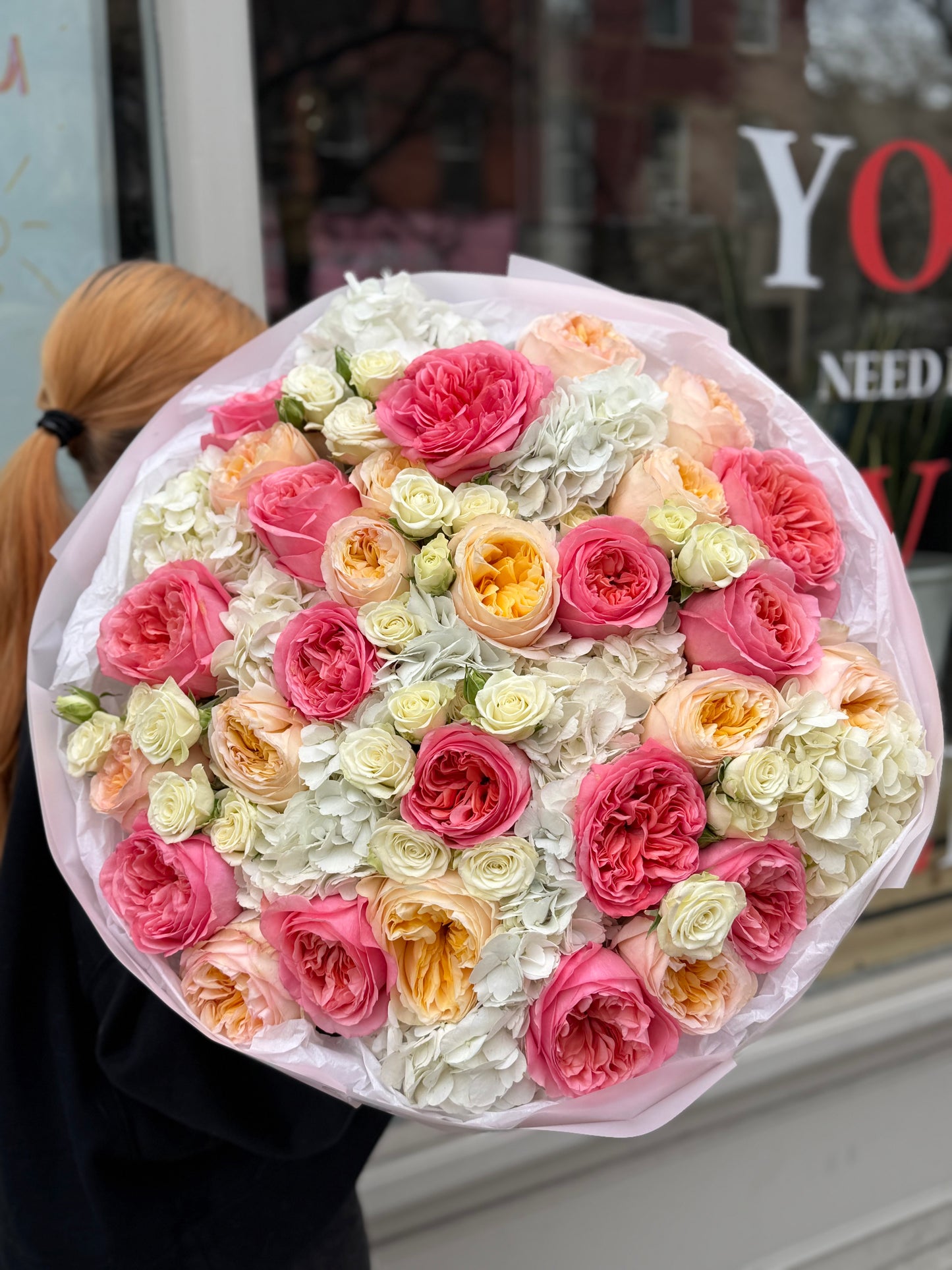 “Confession” Bouquet (Pink Expression Roses, Cream Expression Roses, White Spray Roses, Hydrangeas)