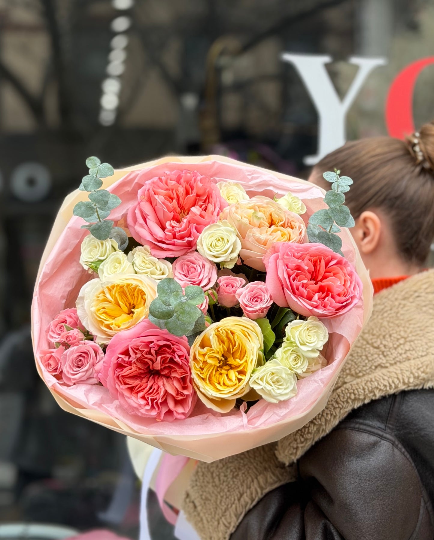 “Rose Garden” Bouquet (Pink Expression Roses, Cream Expression Roses, Spray Roses, Eucalyptus)