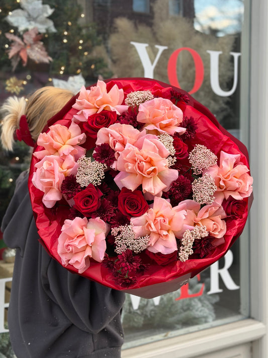 "Red Statement" Bouquet (French Roses, Explorer Rosed, Rice Flower, Red Daisy)