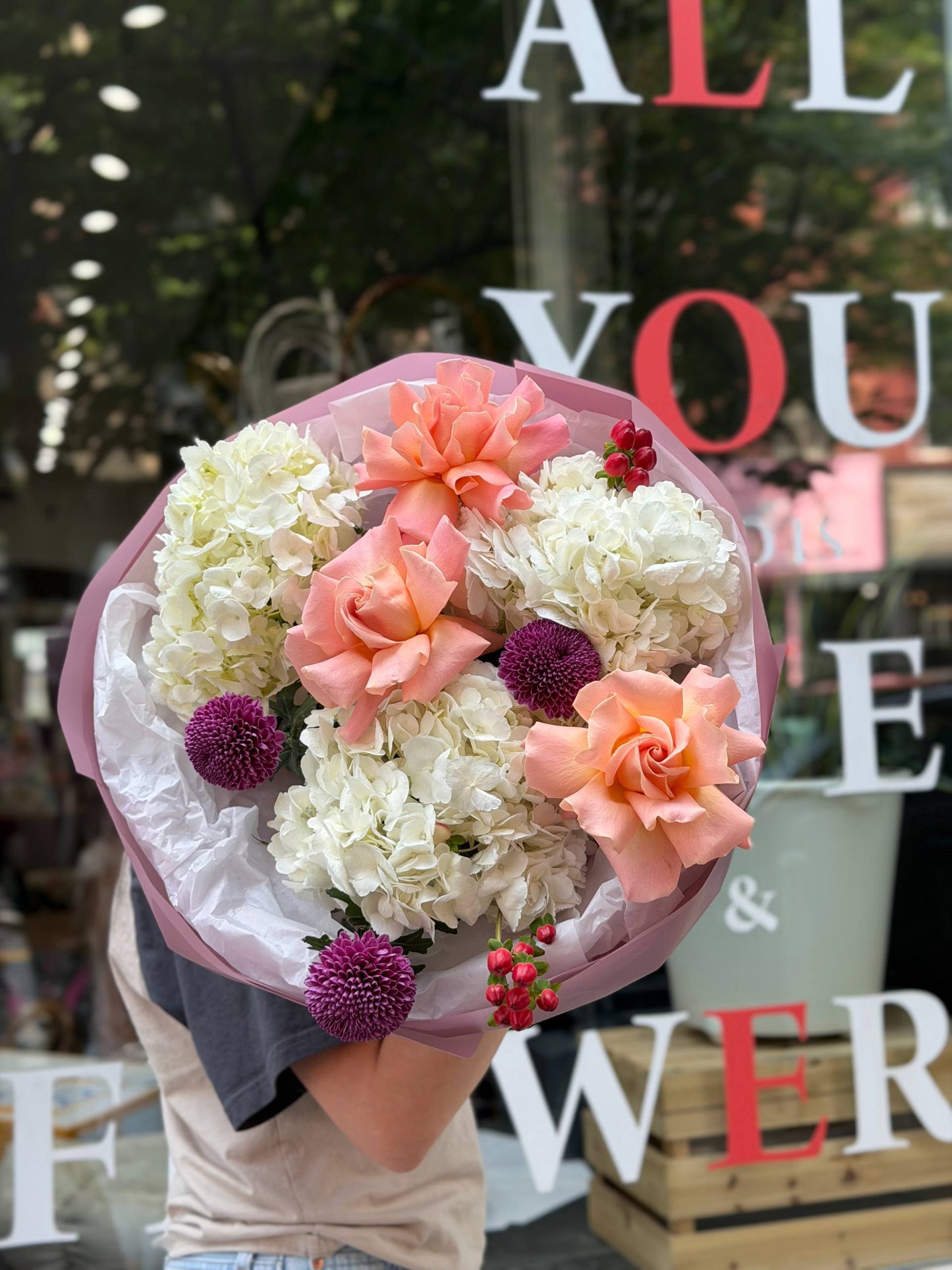 “Berry Blush” Bouquet (Hydrangeas, French Hermosa Roses, Berries, Cremon Purple)