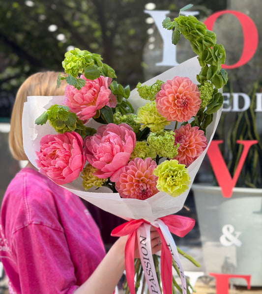“Guava Drop” Bouquet (Coral Peonies, Viburnum, Dahlias, Bells of Ireland, Carnations)