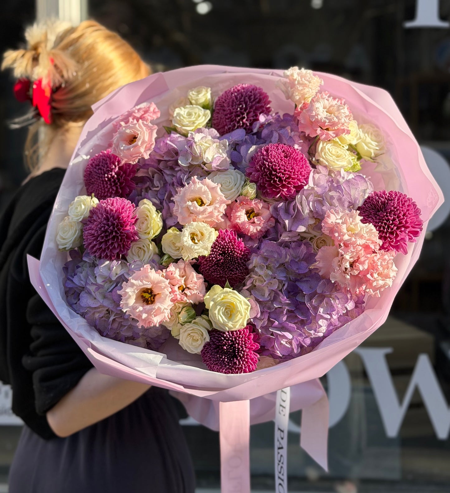 “Lilac Volume” Bouquet (Chrysanthemum, Hydrangeas, Lisianthus, Spray Roses)