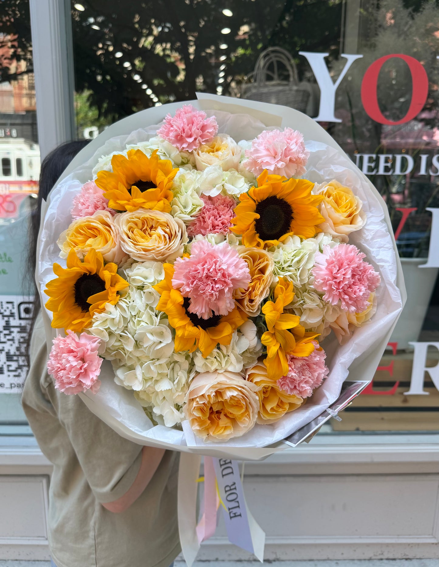 “Suncore” Bouquet (Hydrangeas, Carnations, Sunflowers, Kings Cross Roses)