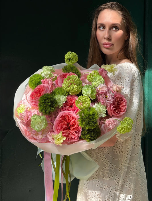 “Watermelon Sorbet” Bouquet (Viburnum, Pink Garden Roses, Green Balls, Lisianthus, Carnations, Hydrangeas)