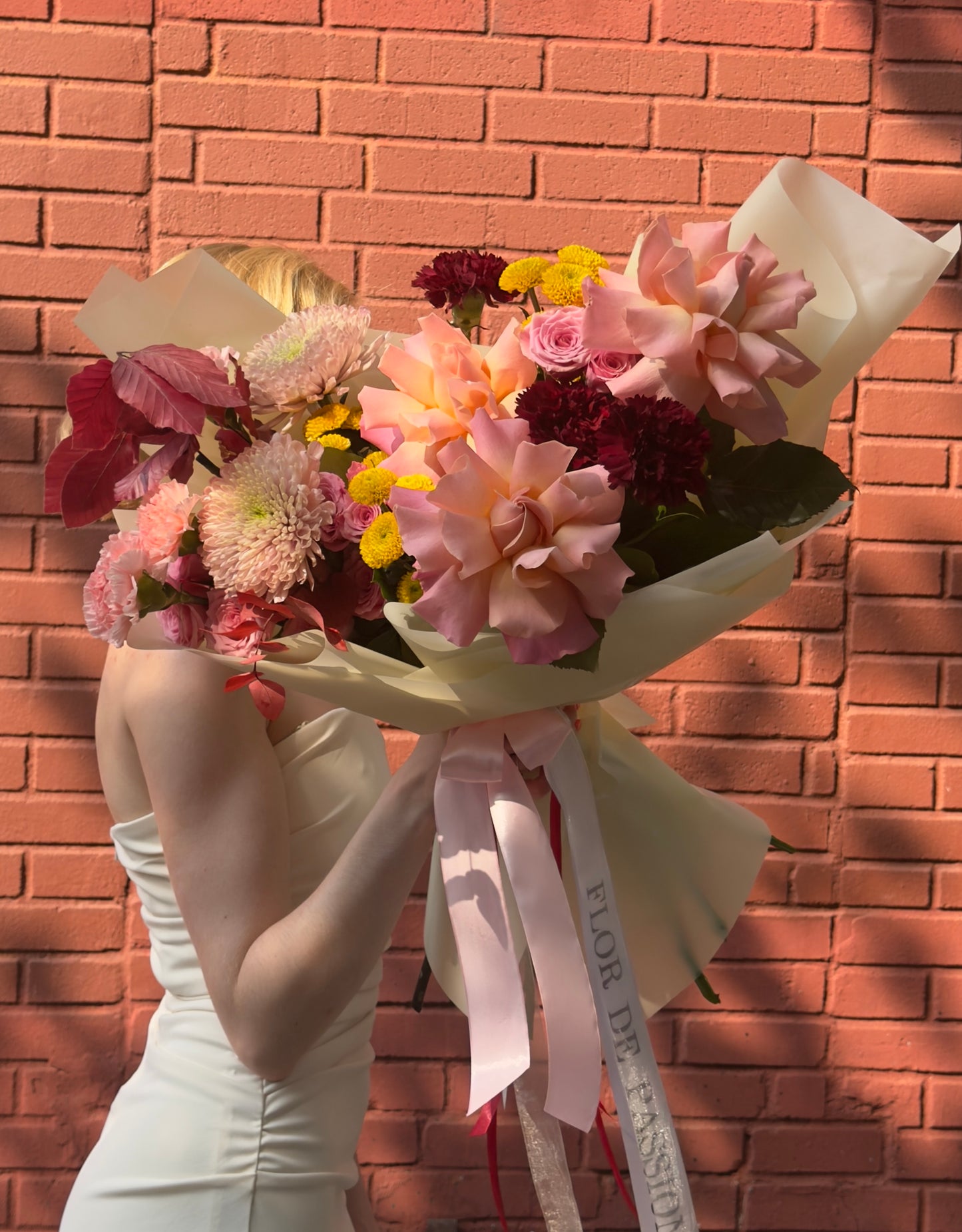“Golden Hour” Bouquet (French Hermosa Roses, Fall Leaves, Cremon Peach, Buttons, Spray Roses, Dianthuses)
