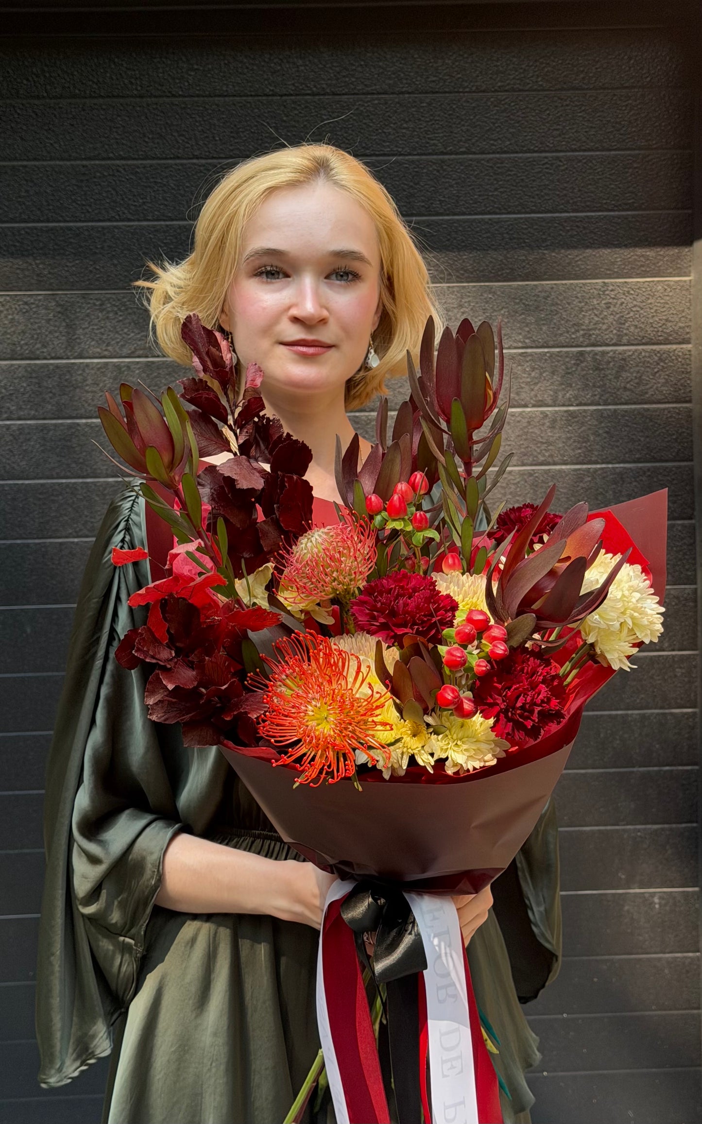 “Flame Embrace” Bouquet (Pincushion, Daisy, Hypericum, Dianthuses, Leaves)