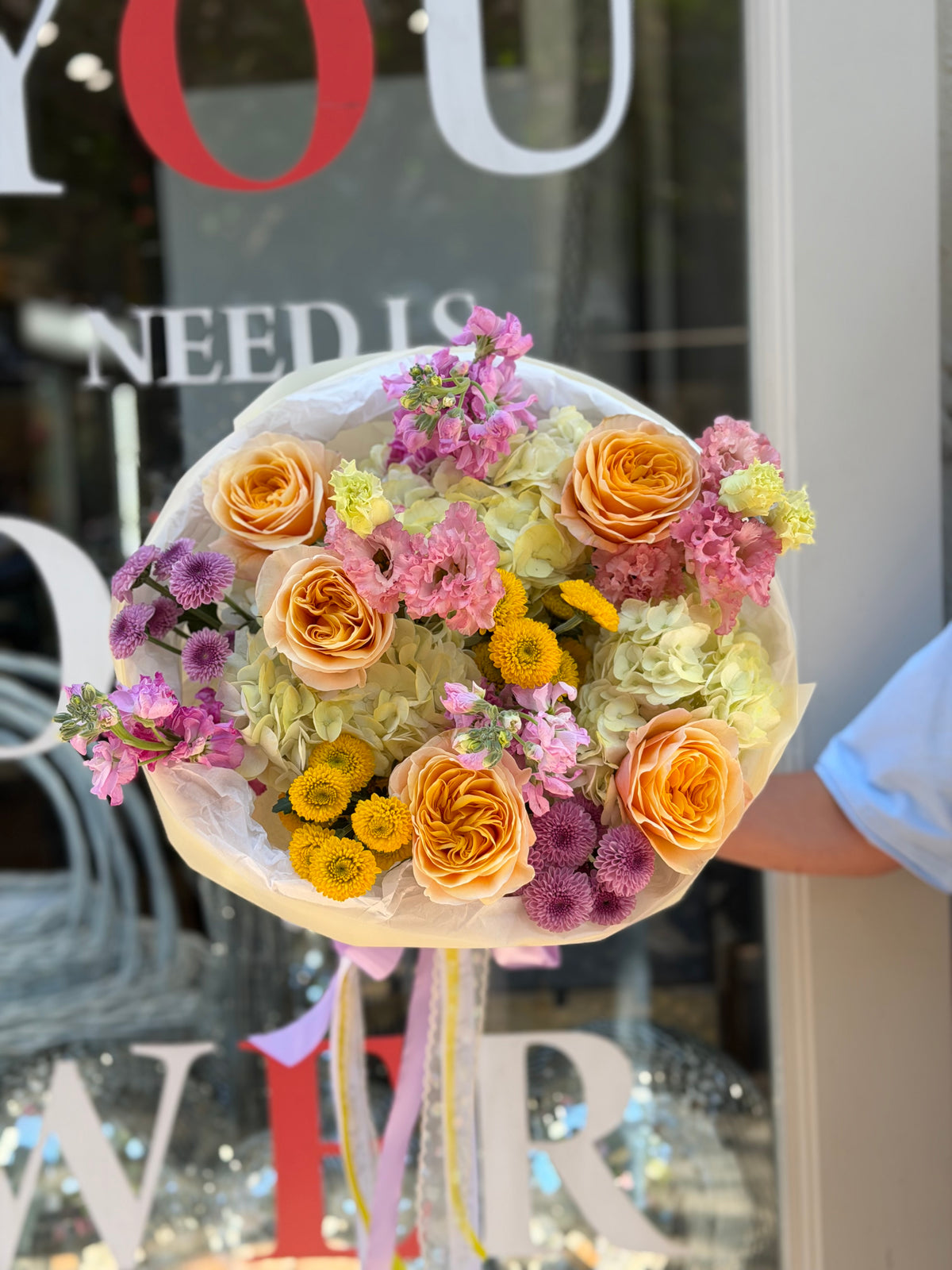“Sunbeam” Bouquet (Hydrangeas, Stocks, Lisianthus, Buttons, Cream Garden Roses)
