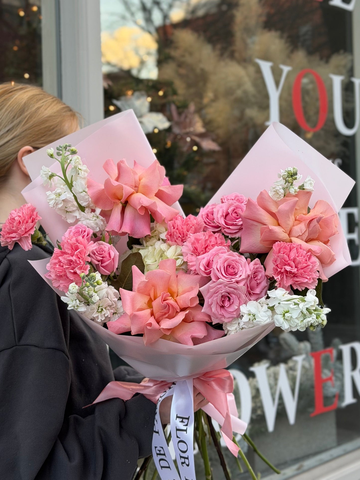 "Strawberry Mousse" Bouquet (French Rose, Hydrangea, Stocks, Spray Roses, Carnations)