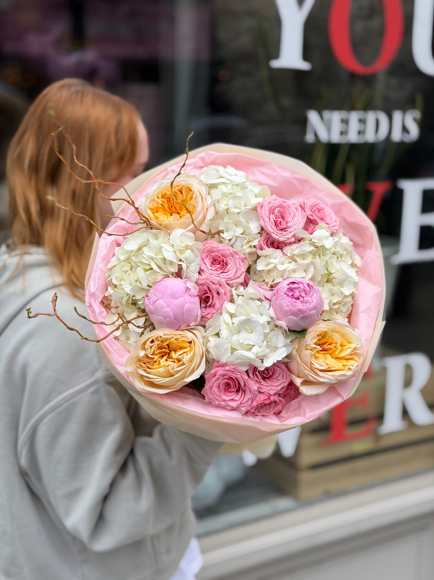 “Summer” Bouquet (Cream Garden Roses, Peonies, Hydrangeas, Spray roses, Dianthuses)