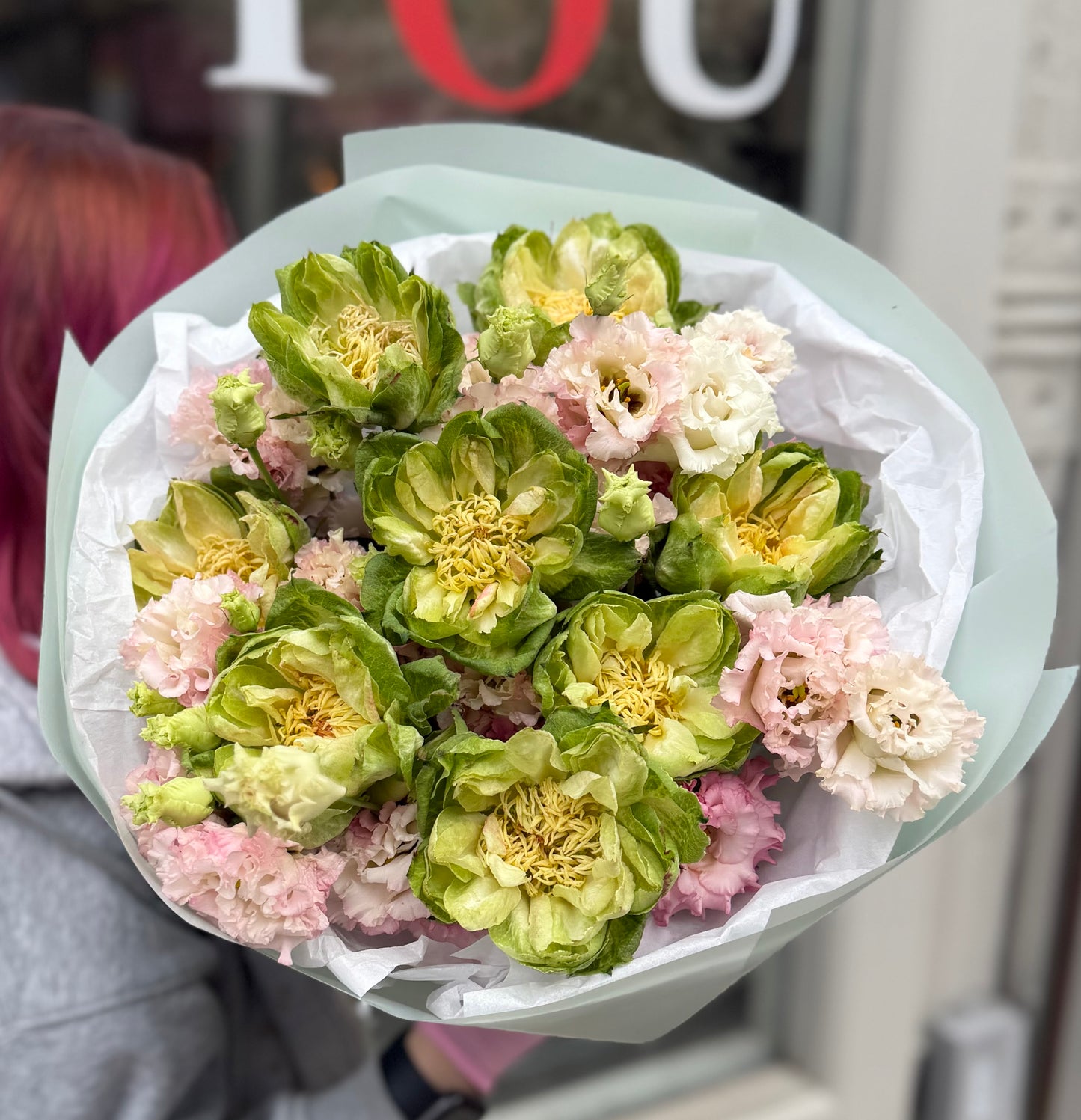 “Verdant Pink” Bouquet (Veggie Roses, Lisianthus)