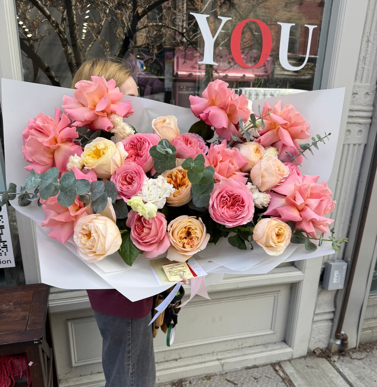 “Rose Paradise” Bouquet (French Hermosa Roses, Garden Roses, Spray Roses, Eucalyptus)