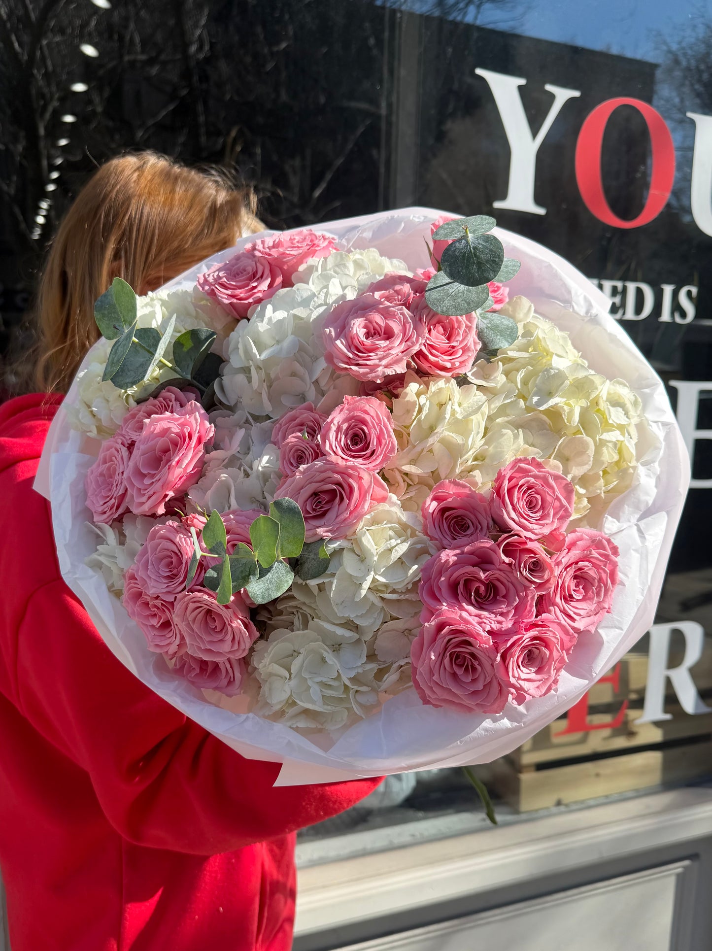 "Dreamland" Bouquet (Spray Roses, Hydrangeas, Eucalyptus)
