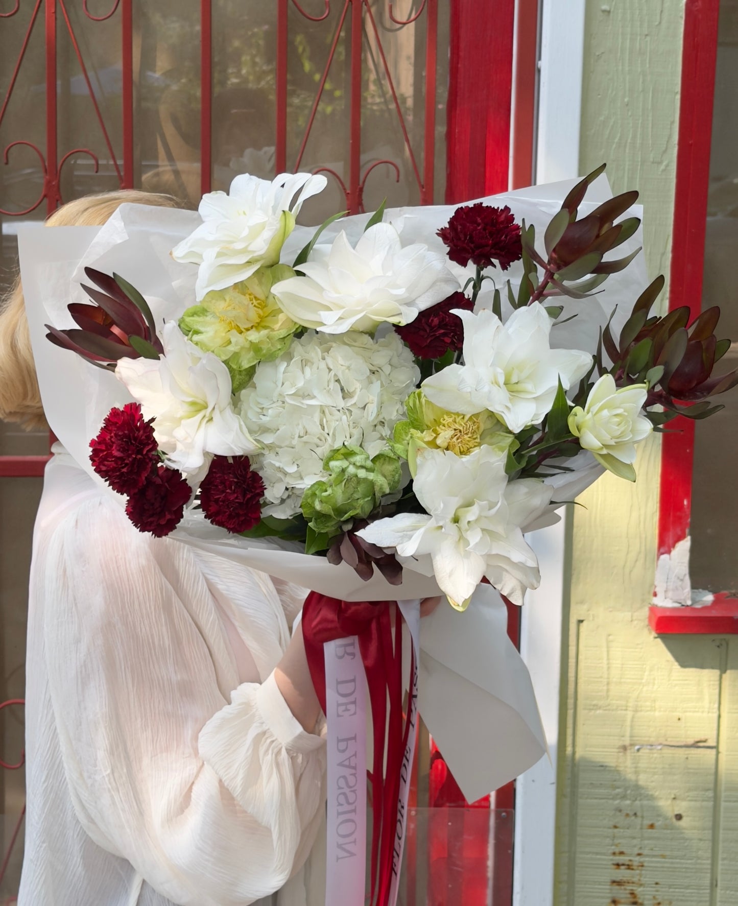 “Opulence” Bouquet (Lillies, Leucadendron, Veggie Roses, Hydrangeas, Dianthuses)