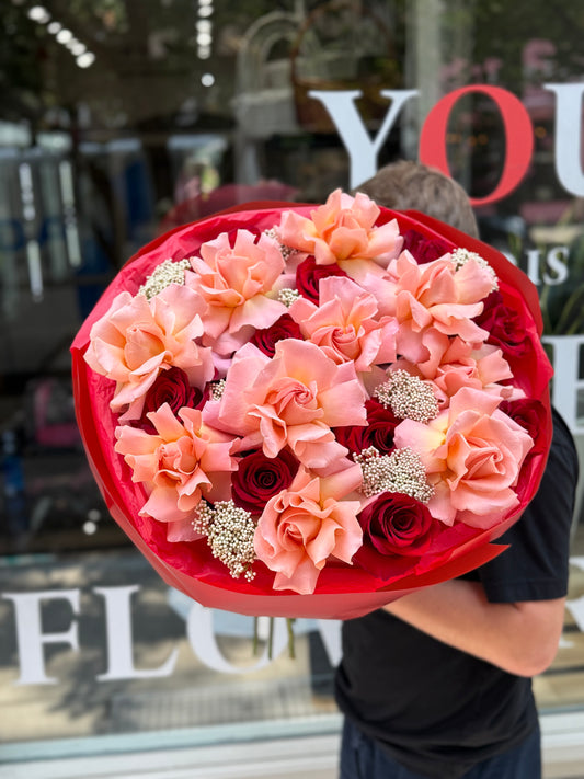 "Red Statement" Bouquet (French Roses, Explorer Rosed, Rice Flower)