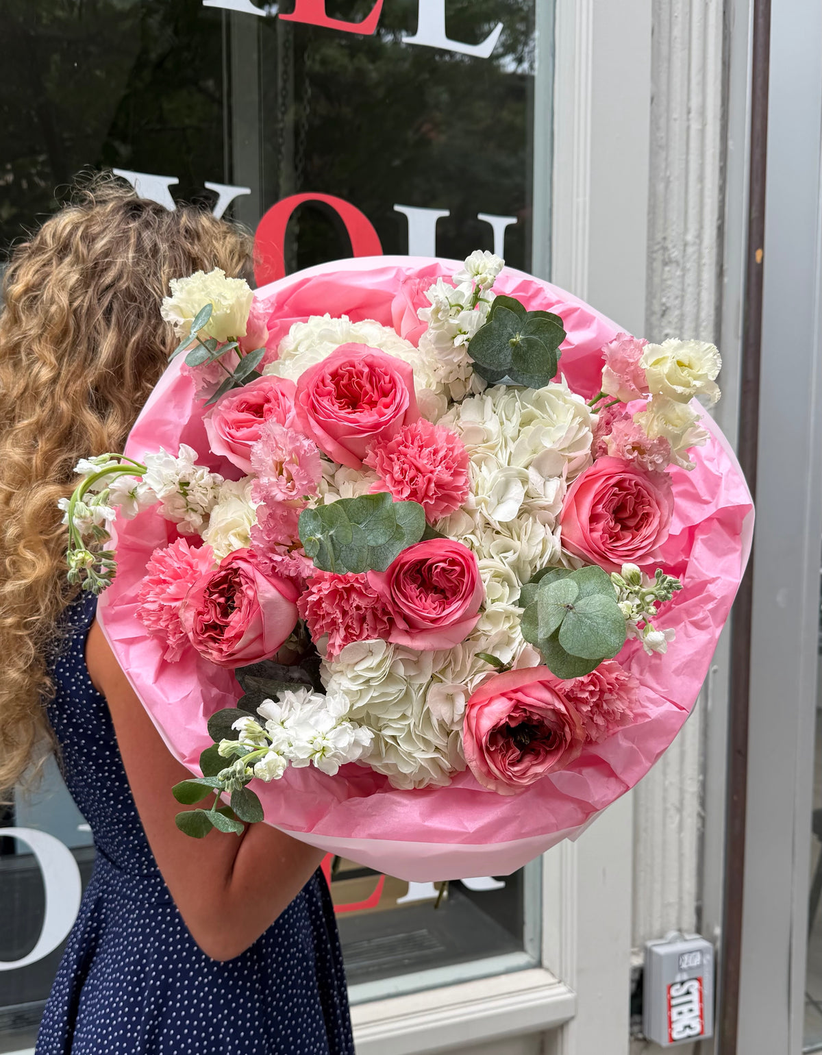 "Too Gorgeous" Bouquet (Pink Expression Roses, Lisianthus, Hydrangeas, Stocks, Carnations, Eucalyptus)