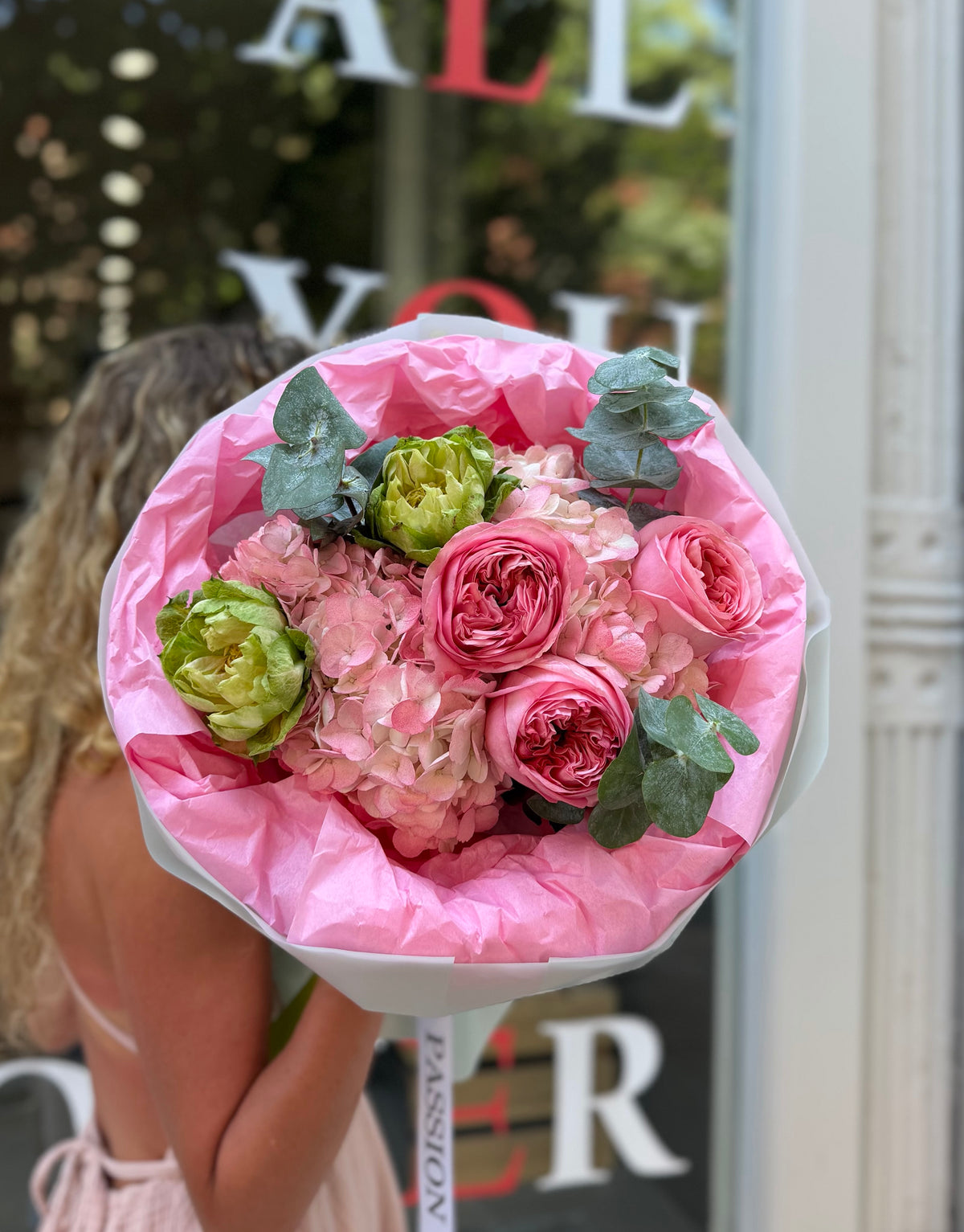 “Romance” Bouquet (Pink Garden Roses, Veggie Rose, Hydrangeas, Eucalyptus)