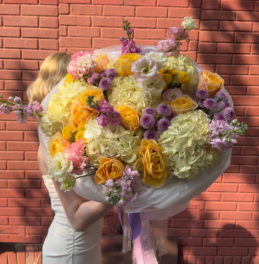 “Sunbeam” Bouquet (Hydrangeas, Stocks, Lisianthus, Buttons, Cream Garden Roses)