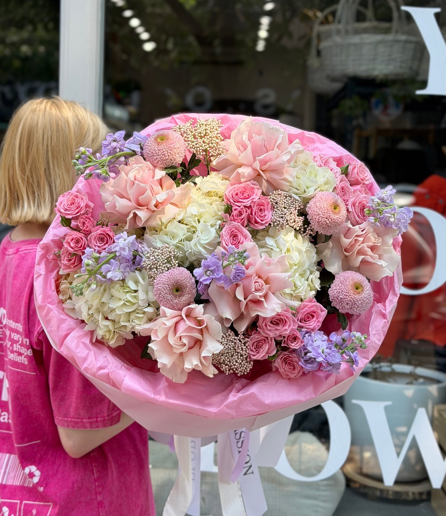 “Blush Reverie” Bouquet (Hydrangeas, Chrysanthemum,French Roses,Stocks,Rice Flower,Spray Roses)