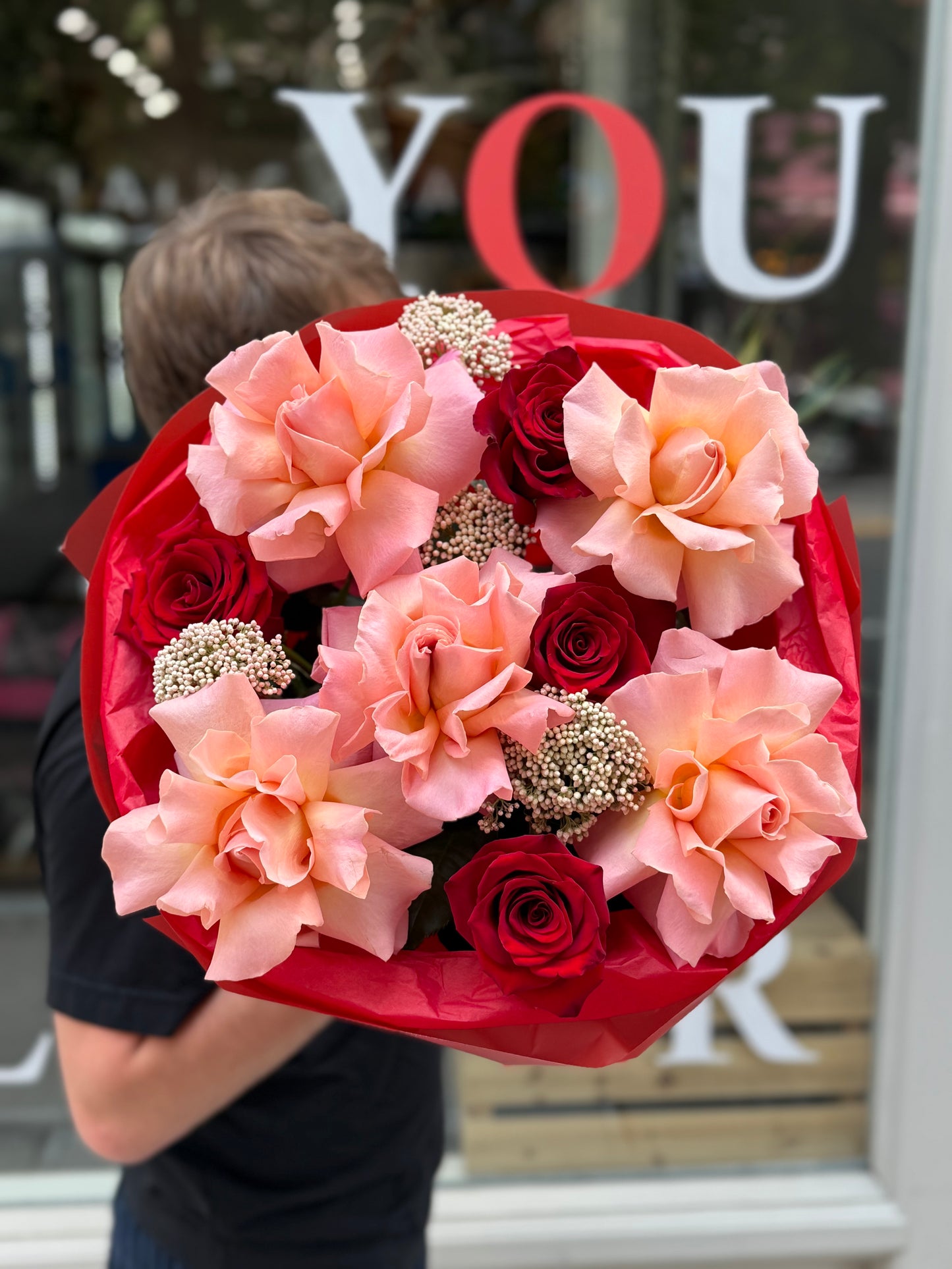 "Red Statement" Bouquet (French Roses, Explorer Rosed, Rice Flower)