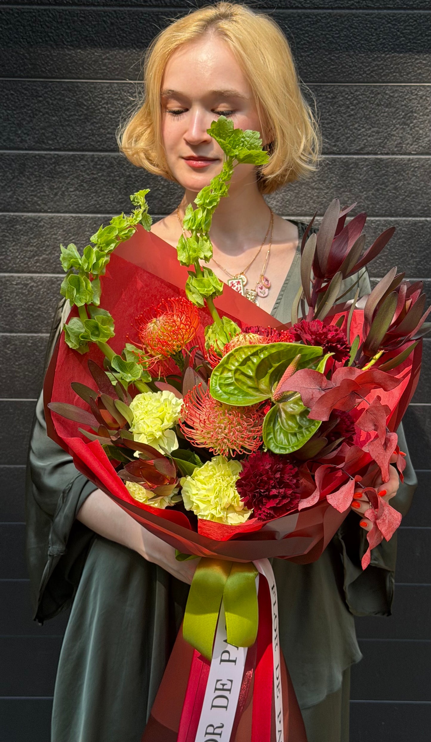 “Feral Bloom” Bouquet (Anthurium, Pincushion, Bells of Ireland, Dianthuses, Leucadendron, Autumn Leaves)