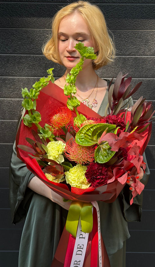 “Feral Bloom” Bouquet (Anthurium, Pincushion, Bells of Ireland, Dianthuses, Leucadendron, Autumn Leaves)