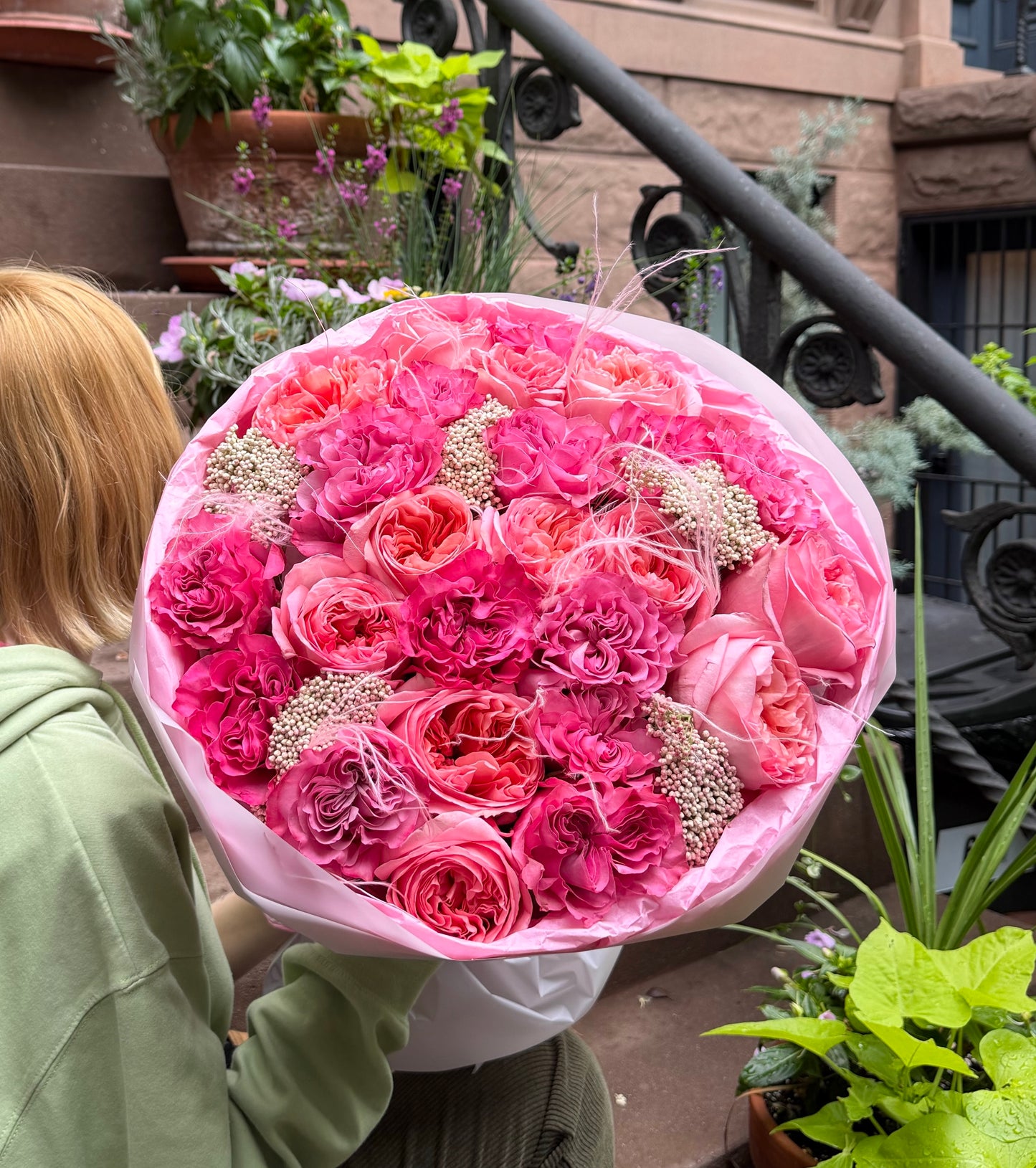 “Pink Stories” Bouquet (Country Blues Roses, Pink Expression Garden Roses, Rice Flower, Stipa)