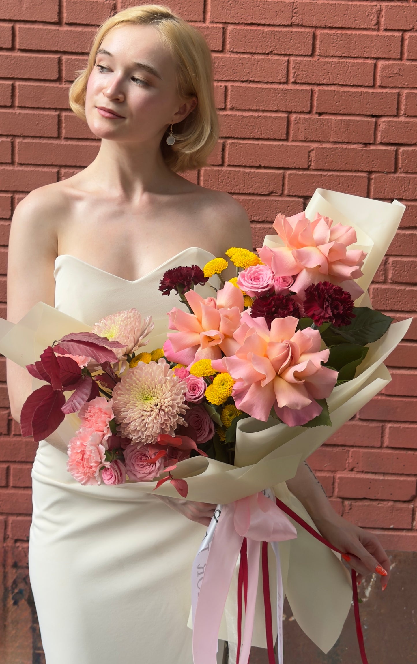 “Golden Hour” Bouquet (French Hermosa Roses, Fall Leaves, Cremon Peach, Buttons, Spray Roses, Dianthuses)