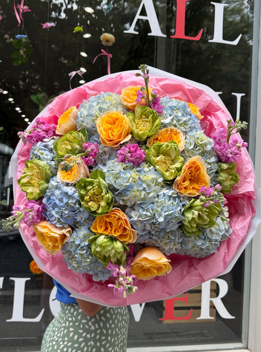 “Sugar Sky” Bouquet (Garden Roses, Veggie Roses, Hydrangeas, Stocks)