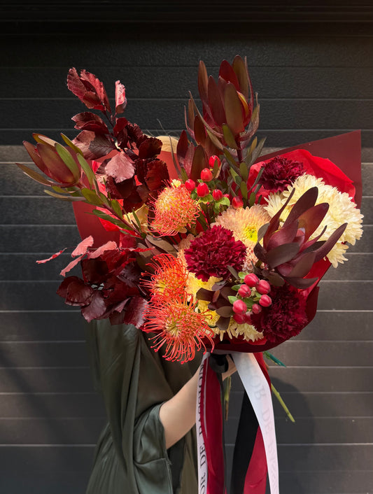 “Flame Embrace” Bouquet (Pincushion, Daisy, Hypericum, Dianthuses, Leaves)