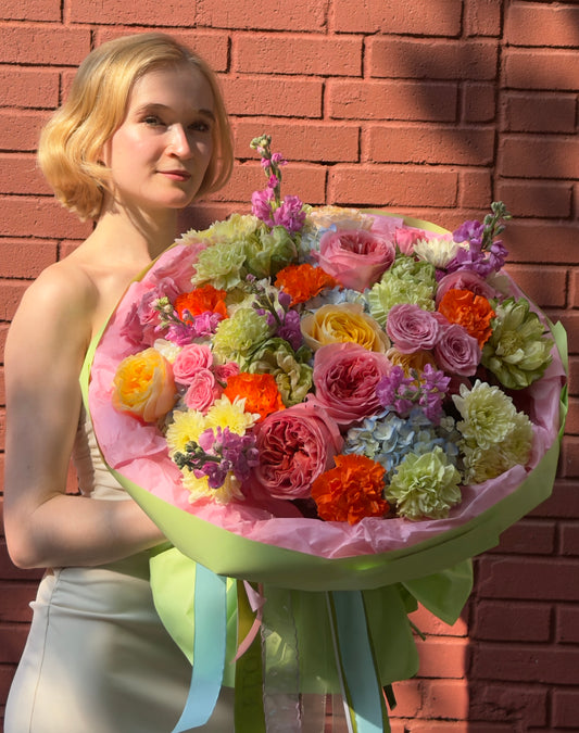 "Dopamine" Bouquets (Pink Garden Roses, Cream Garden Roses, Veggie Roses, Spray Roses, Hydrangeas, Cushion, Stocks, Carnations)