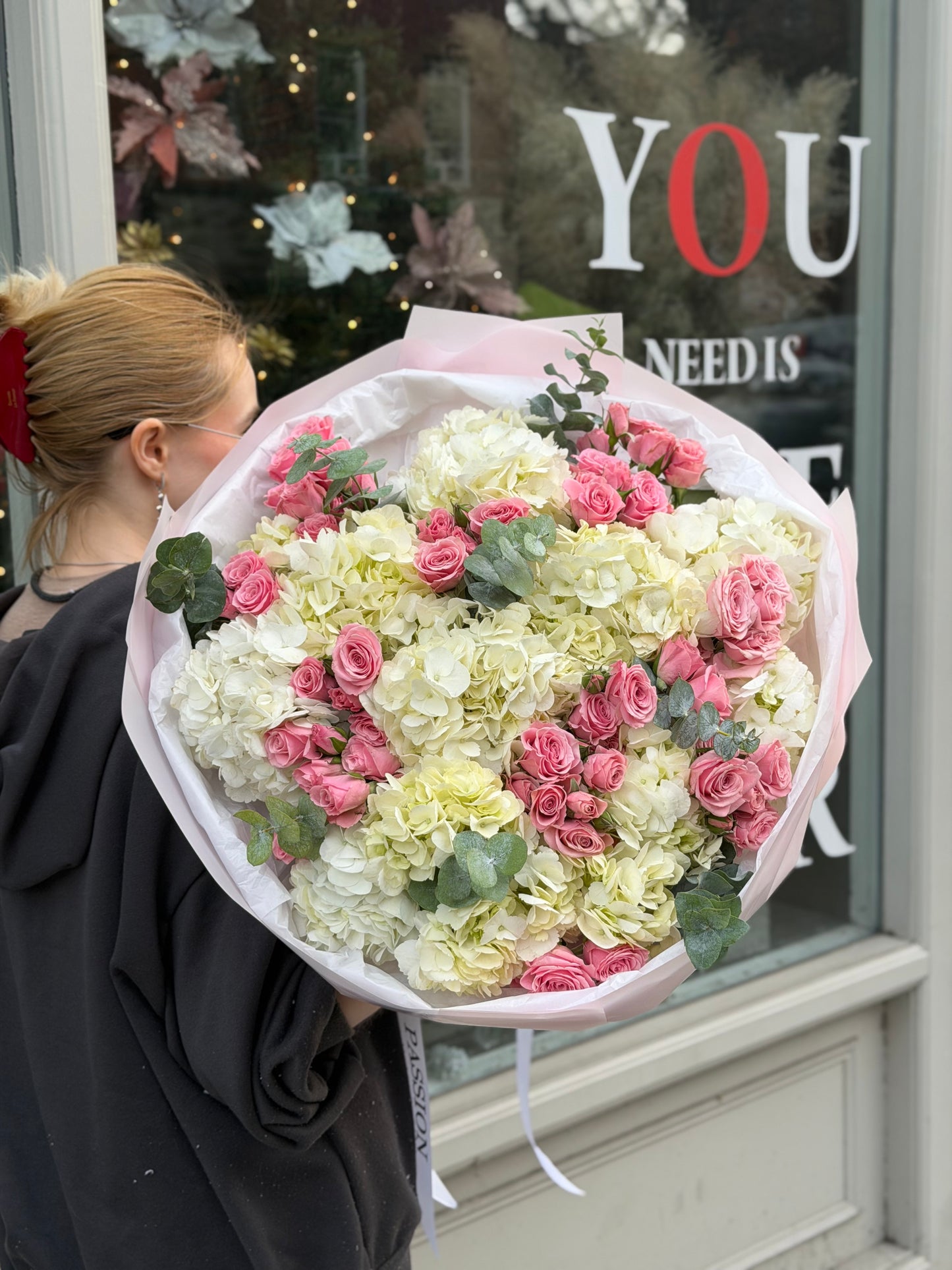 "Dreamland" Bouquet (Spray Roses, Hydrangeas, Eucalyptus)